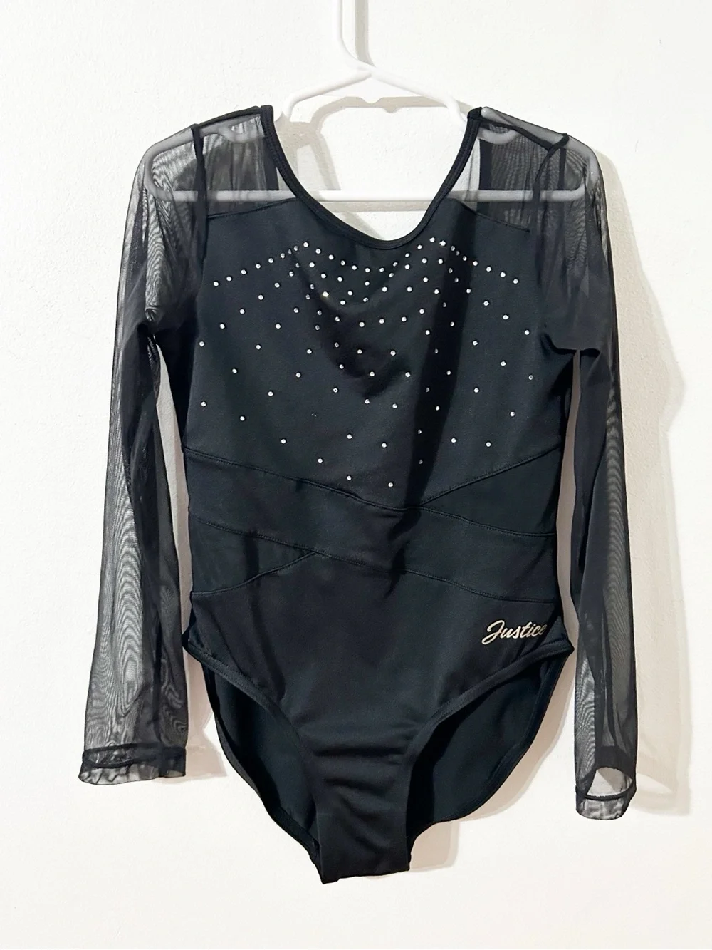 Justice Girls Black Sheer Mesh Long Sleeve Leotard Rhinestones Size M 10